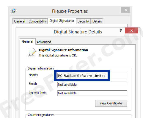 Screenshot of the PC Backup Software Limited certificate